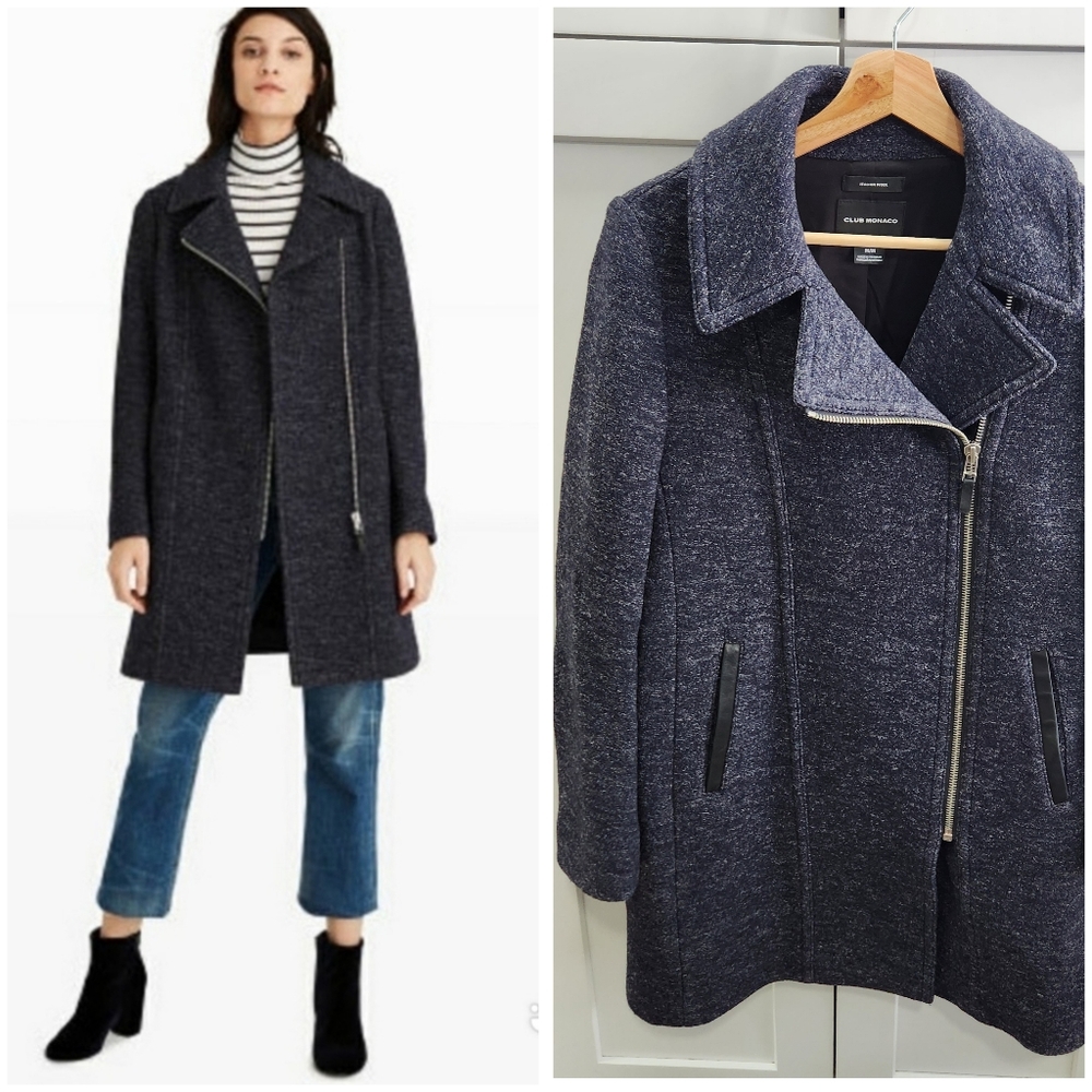 Club Monaco Tweed Zip Up Coat Blue Italian Wool Size Medium